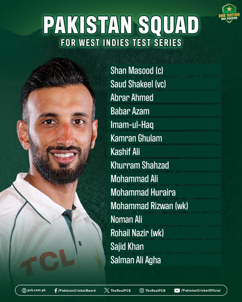 Pakistan Squad for Test Series against West Indies